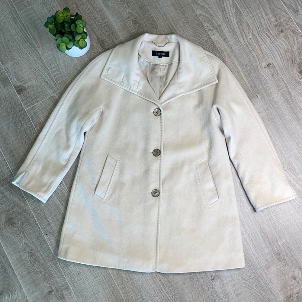 ELLEN TRACY Ivory Wool Blend Button Front Coat with Pockets